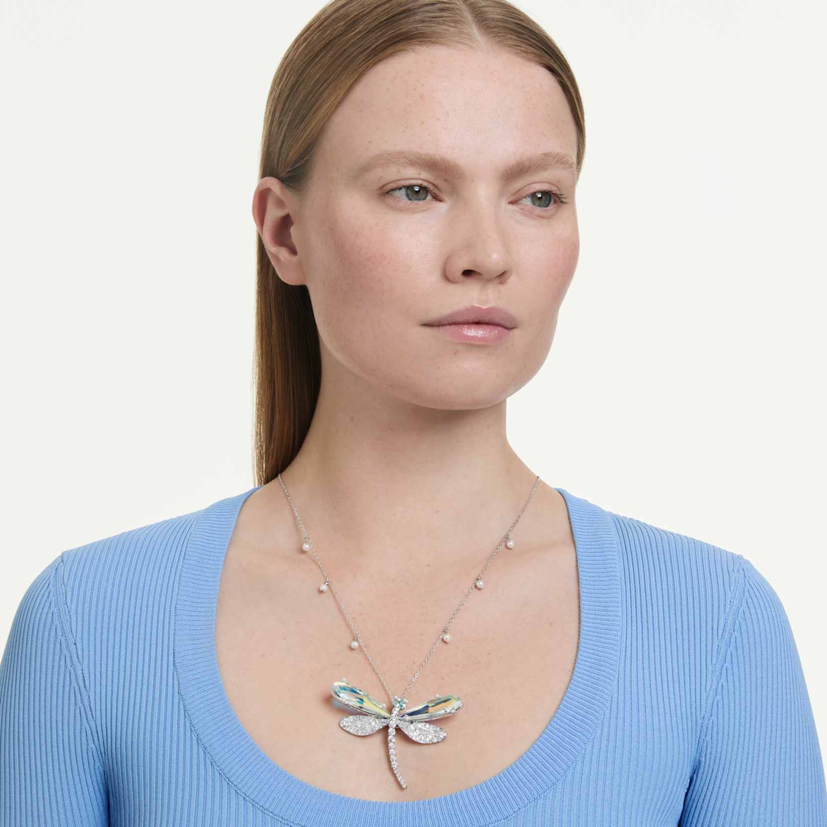 Ariana Grande x Swarovski pendant and brooch Crystal Pearl, Mixed cuts, Dragonfly, White, Rhodium plated - Image 7