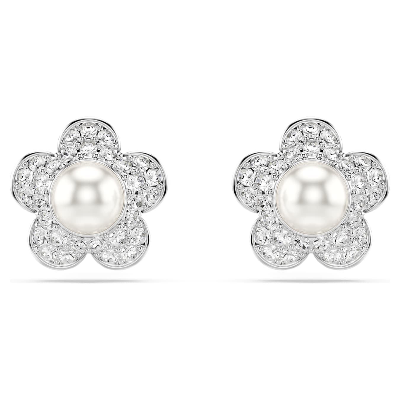 Ariana Grande x Swarovski stud earrings Crystal Pearl, Round cut, Flower, White, Rhodium plated