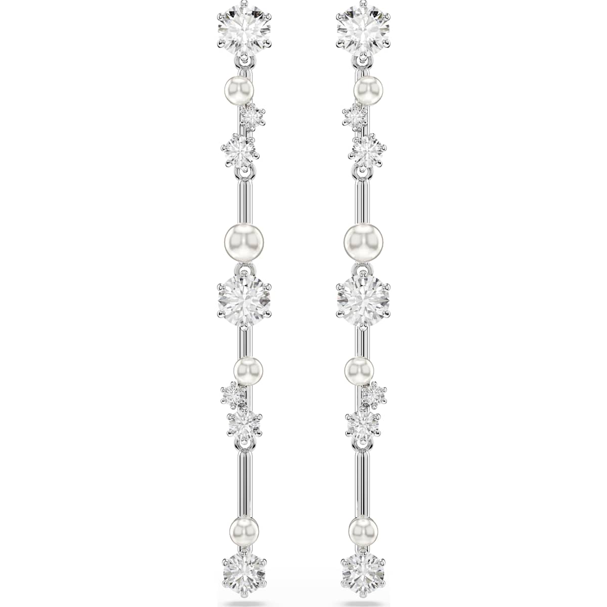 Constella drop earrings, Crystal pearl, Round cuts, White, Rhodium plated