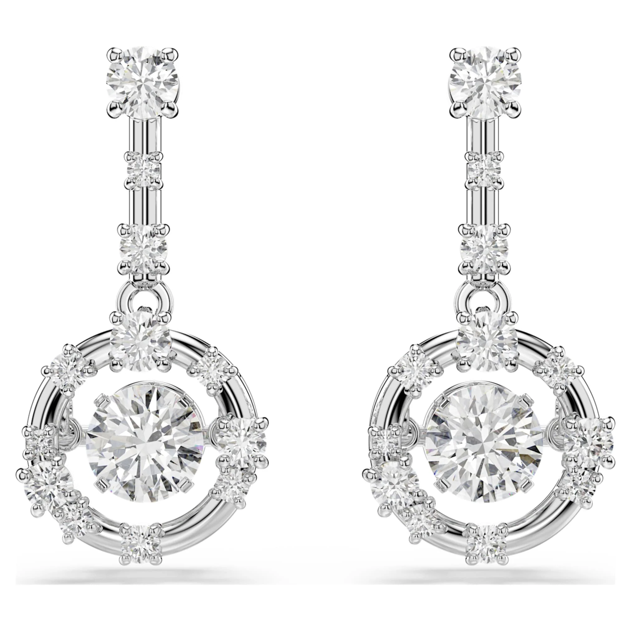 Constella drop earrings Round cut, Dancing stone, White, Rhodium plated