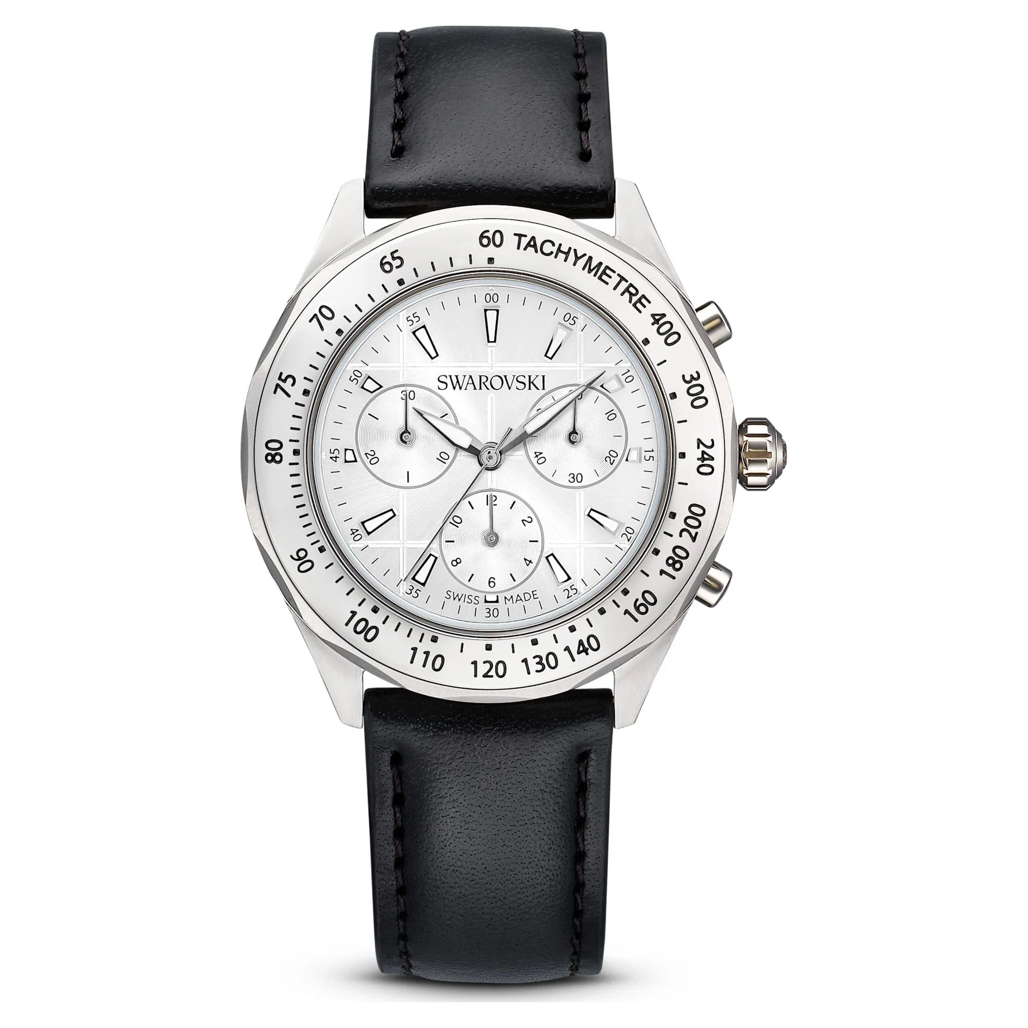Dextera tachymetre watch Swiss Made, Leather strap, Silver tone, Stainless steel