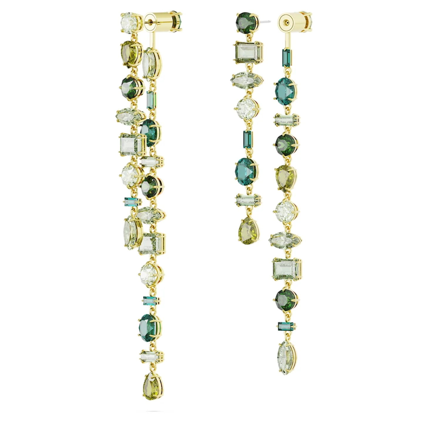 Gema drop earrings Asymmetrical design, Mixed cuts, Extra long, Green, Gold-tone plated - Image 3