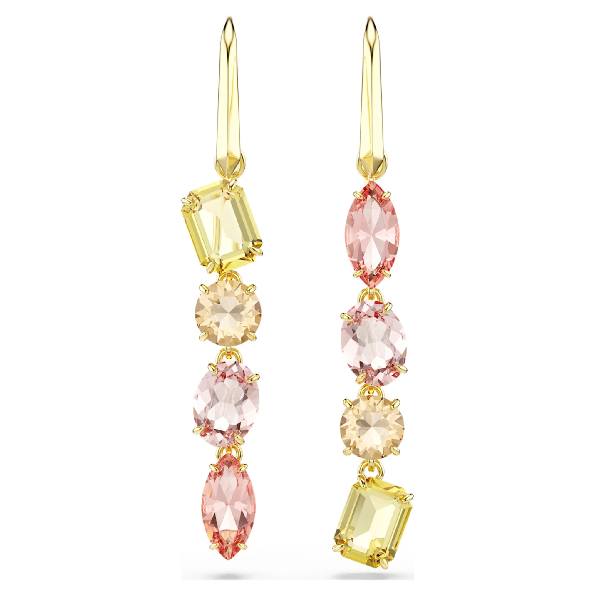 Gema drop earrings Asymmetrical design, Mixed cuts, Pink, Gold-tone plated - Image 2