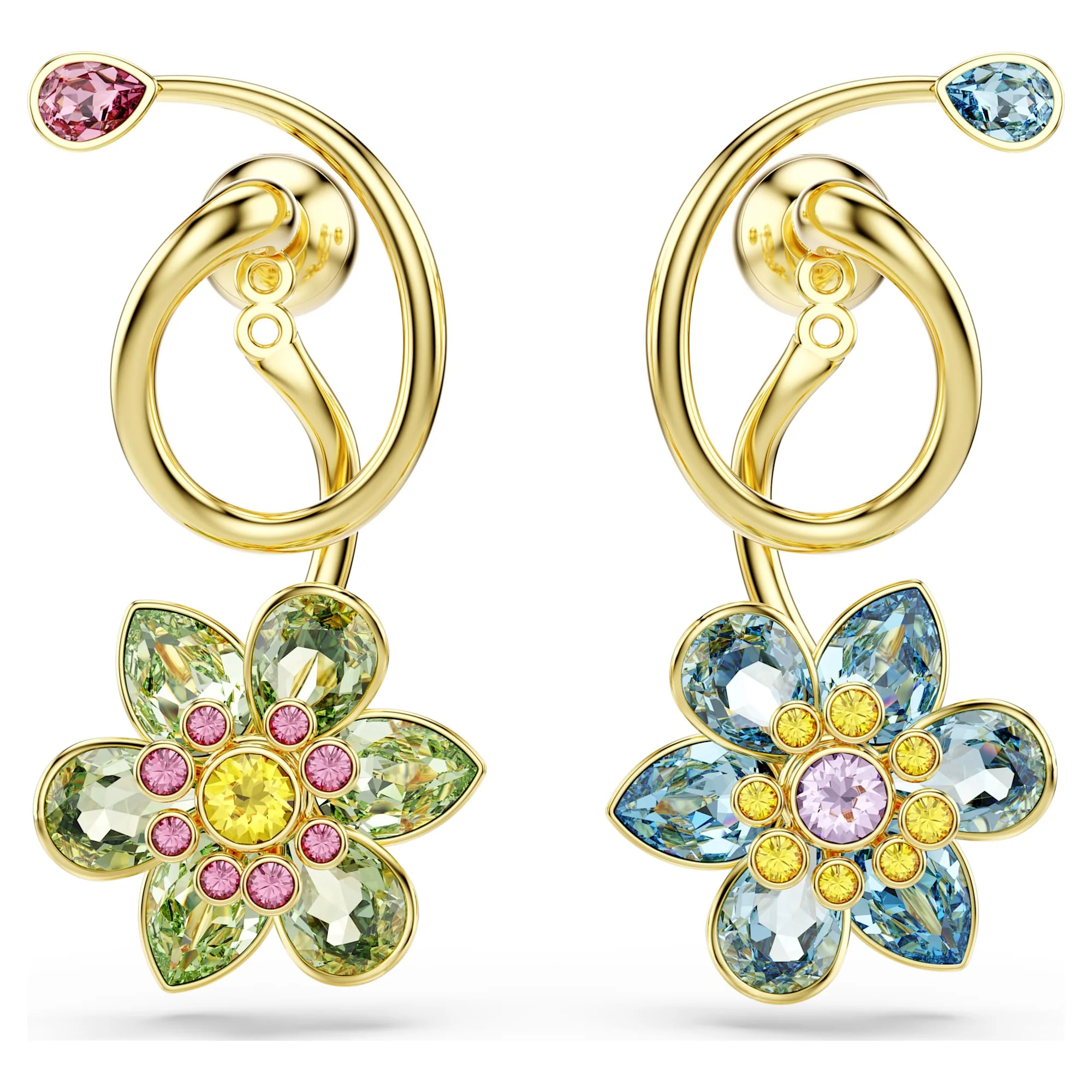 Idyllia drop earrings Asymmetrical design, Mixed cuts, Flower, Multicolored, Gold-tone plated - Image 2