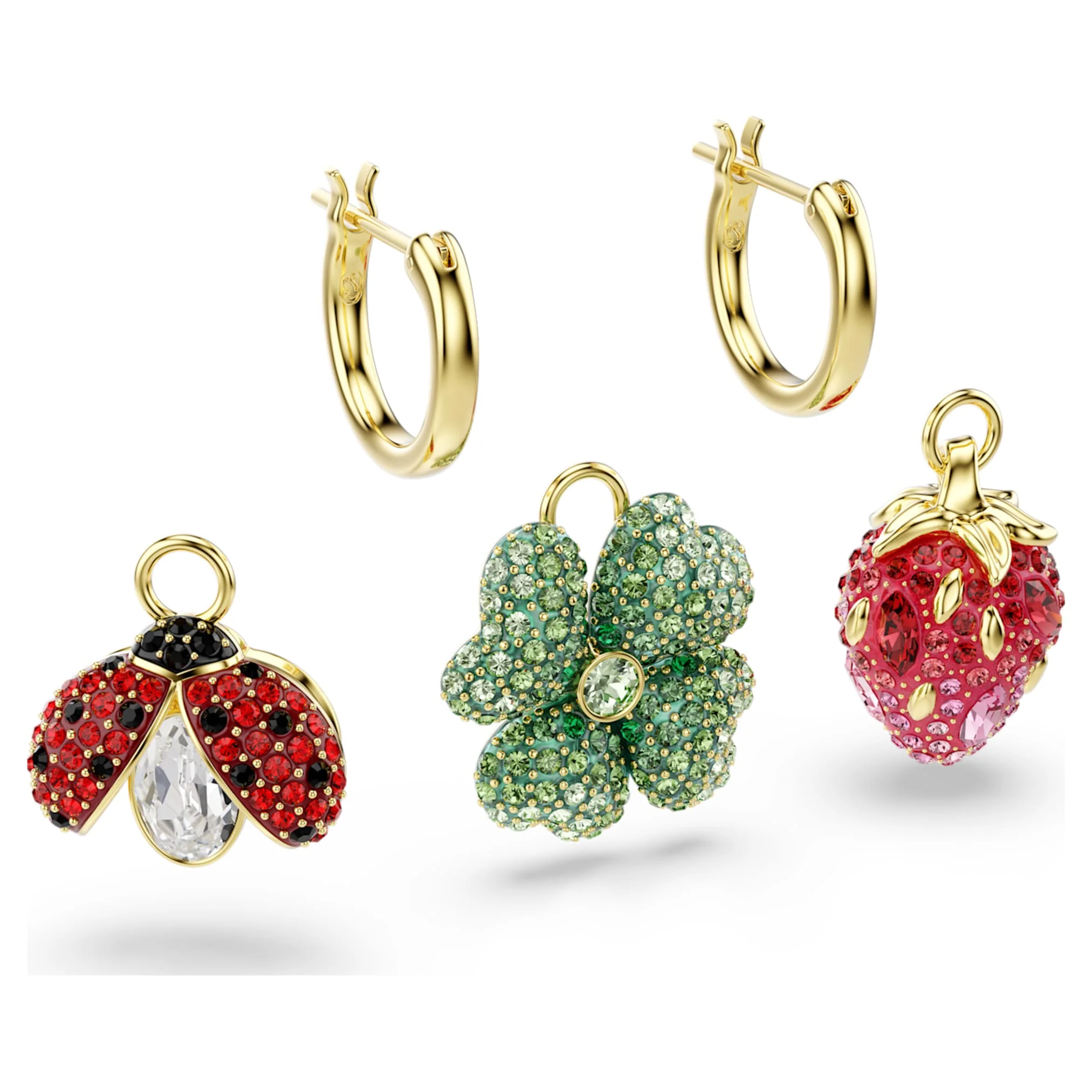 Idyllia drop earrings Set (3), Ladybug, Clover, Strawberry, Multicolored, Gold-tone plated - Image 4