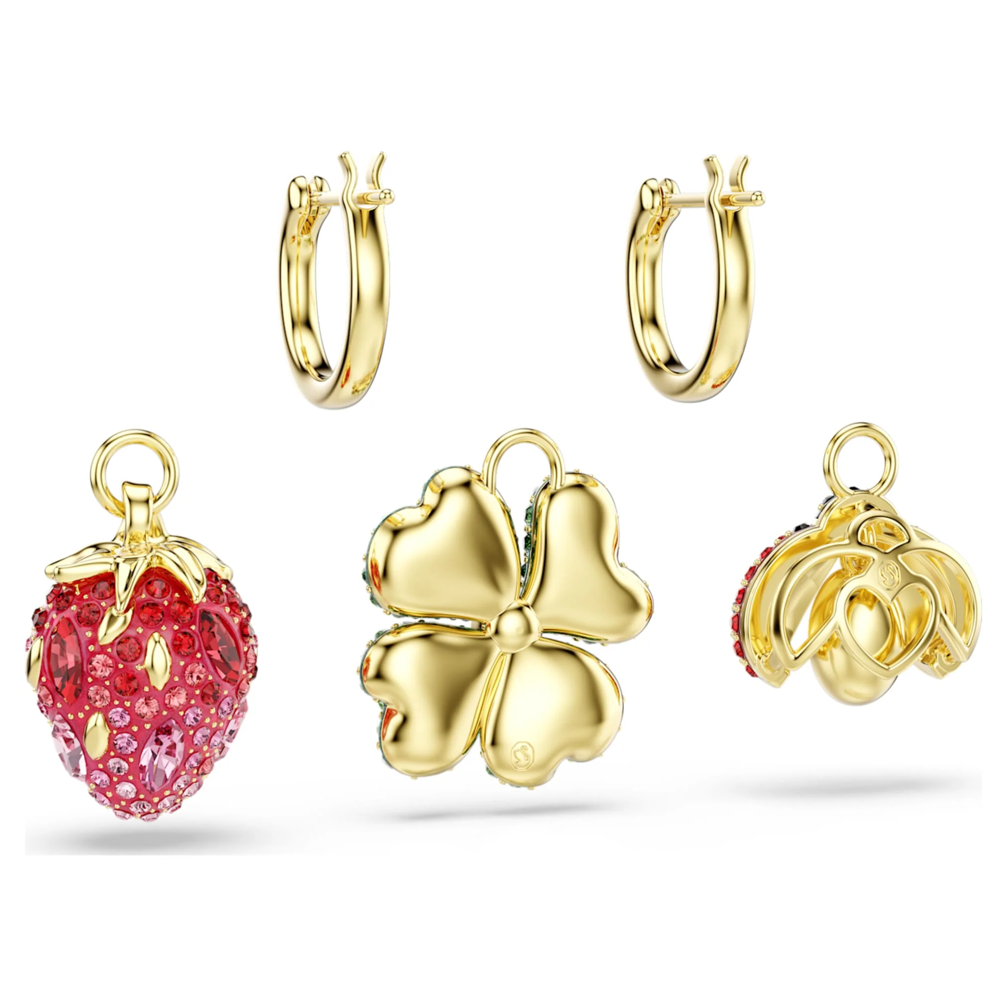 Idyllia drop earrings Set (3), Ladybug, Clover, Strawberry, Multicolored, Gold-tone plated - Image 6