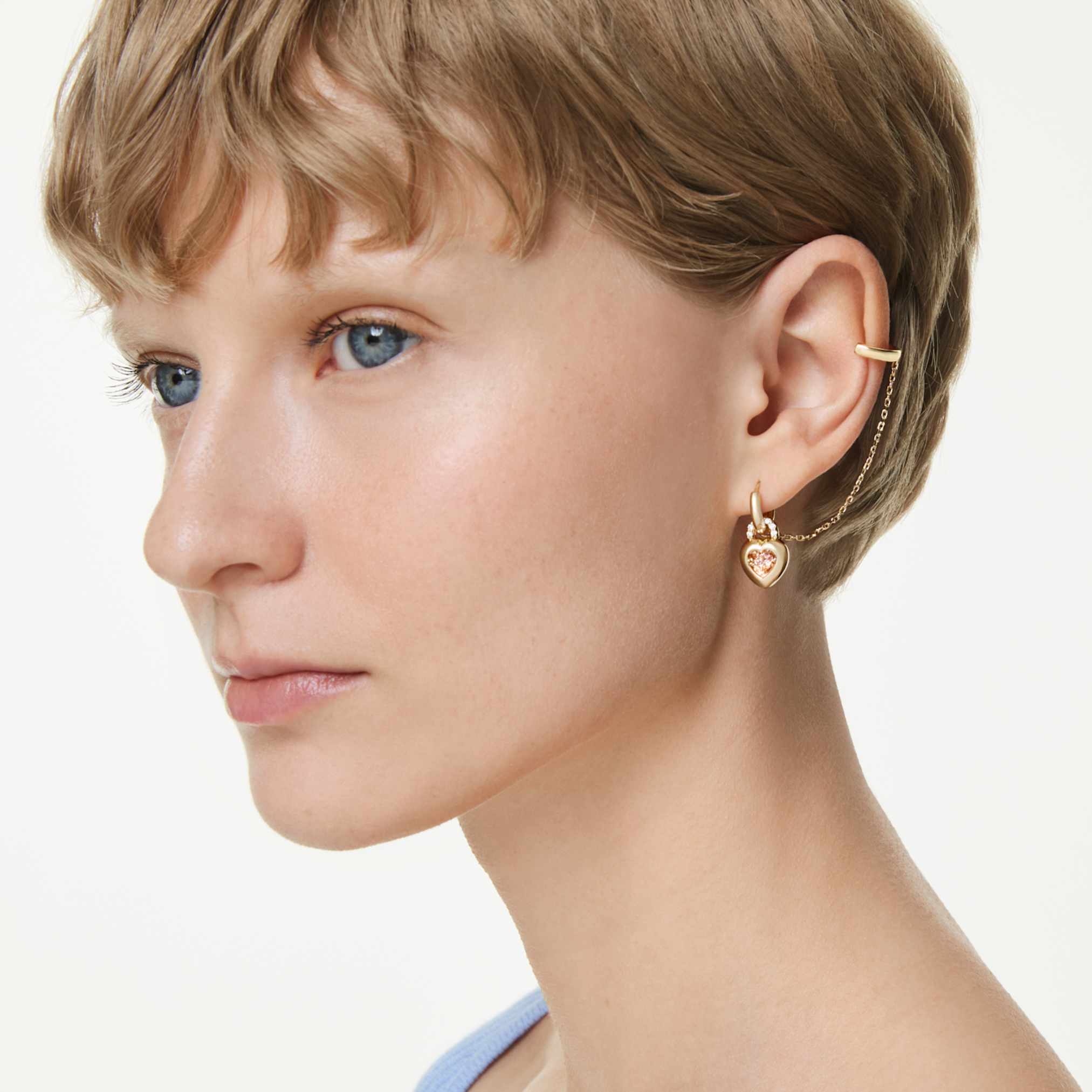 Idyllia drop earrings with ear cuff Mixed cuts, Heart with key, Pink, Gold-tone plated - Image 6