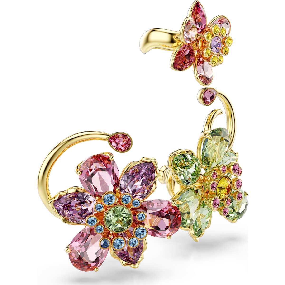 Idyllia ear cuff, Set (3), Asymmetrical design, Mixed cuts, Flower, Multicolored, Gold-tone plated - Image 3