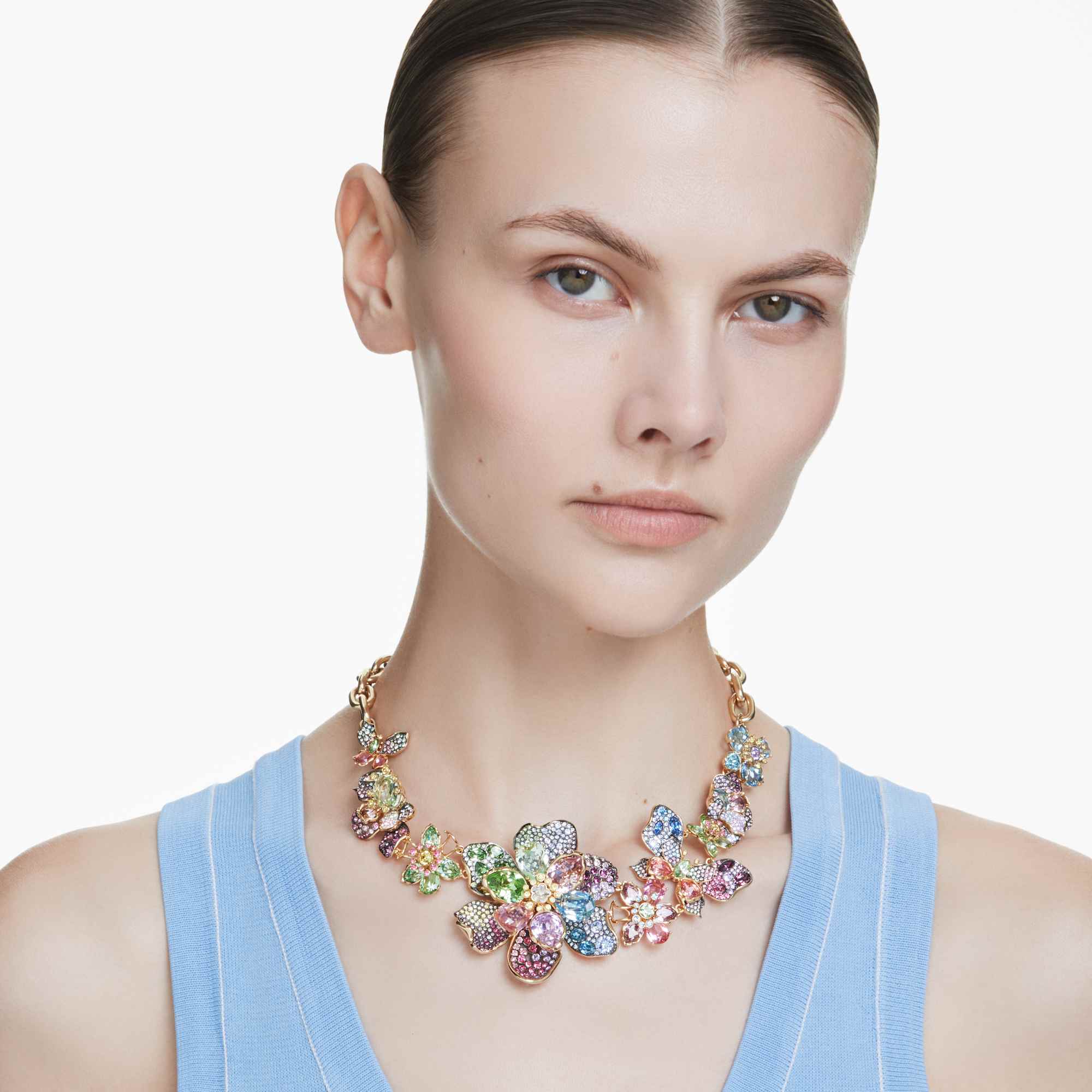 Idyllia necklace Mixed cuts, Pavé, Flower, Multicolored, Gold-tone plated - Image 6