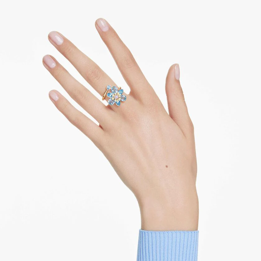 Idyllia open ring, Mixed cuts, Flower, Blue, Gold-tone plated - Image 5