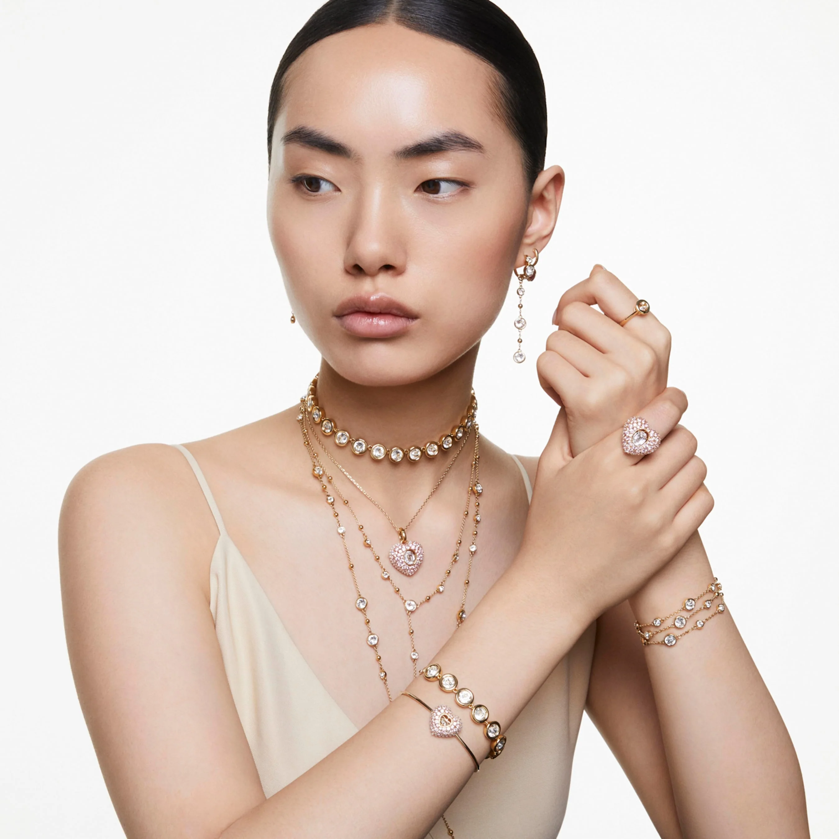 Imber Y necklace Round cut, Scattered design, White, Gold-tone plated - Image 4