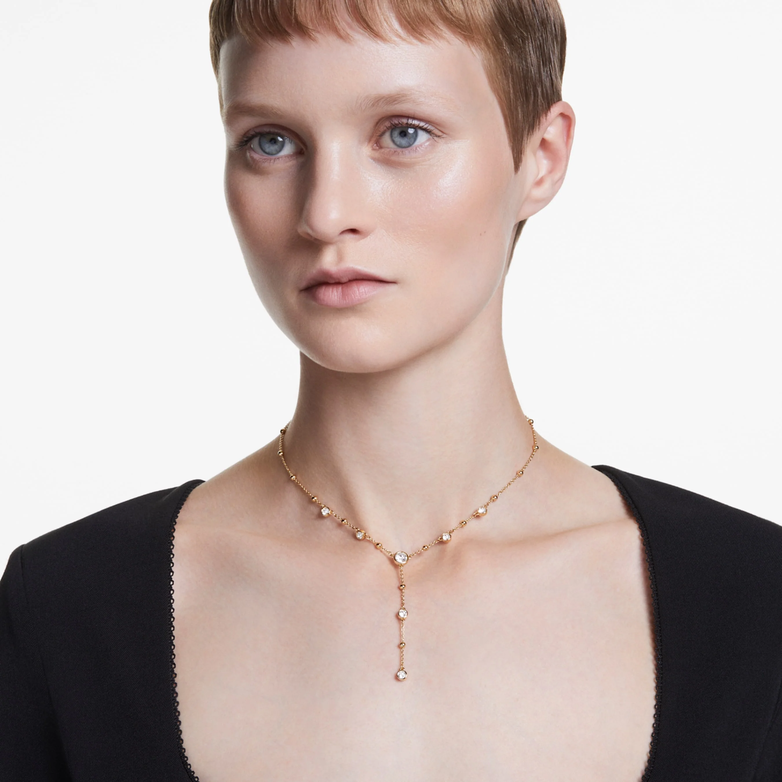 Imber Y necklace Round cut, Scattered design, White, Gold-tone plated - Image 5