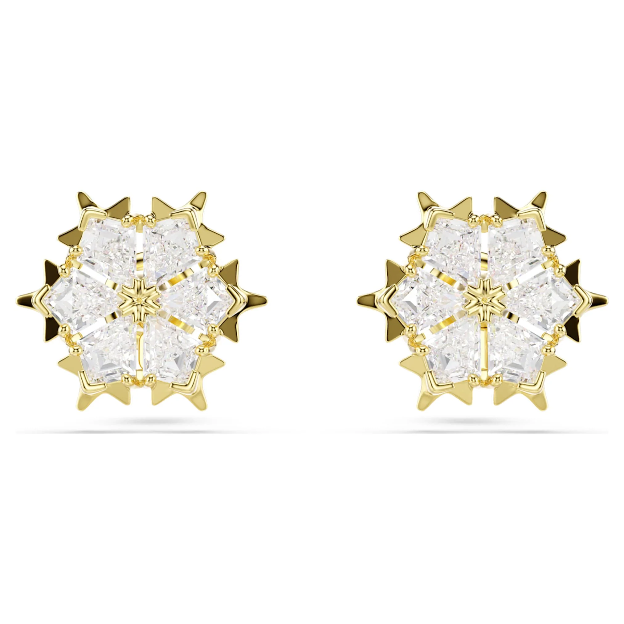 Magic stud earrings Mixed cuts, Snowflake, White, 18K gold finish