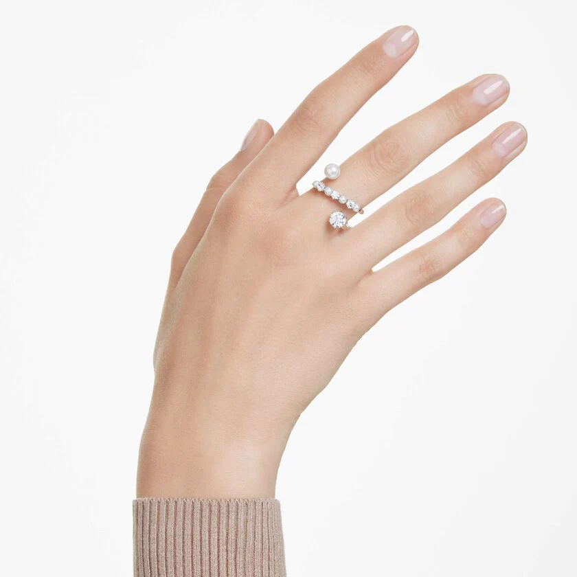 Matrix cocktail ring Crystal pearl, Round cut, White, Rhodium plated - Image 5