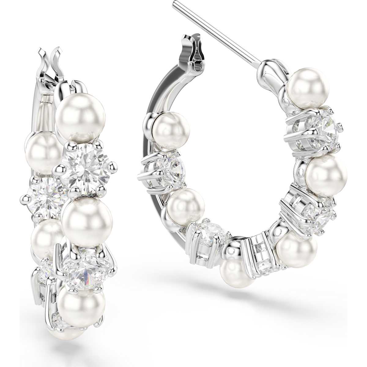 Matrix drop earrings Crystal pearl, Round cut, White, Rhodium plated - Image 3