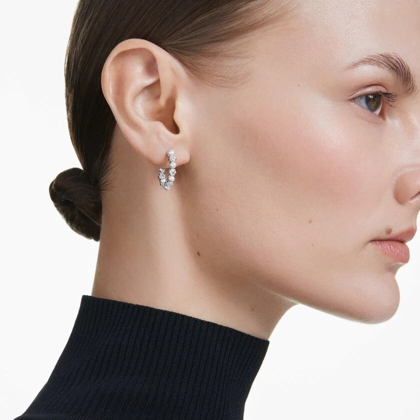 Matrix drop earrings Crystal pearl, Round cut, White, Rhodium plated - Image 5