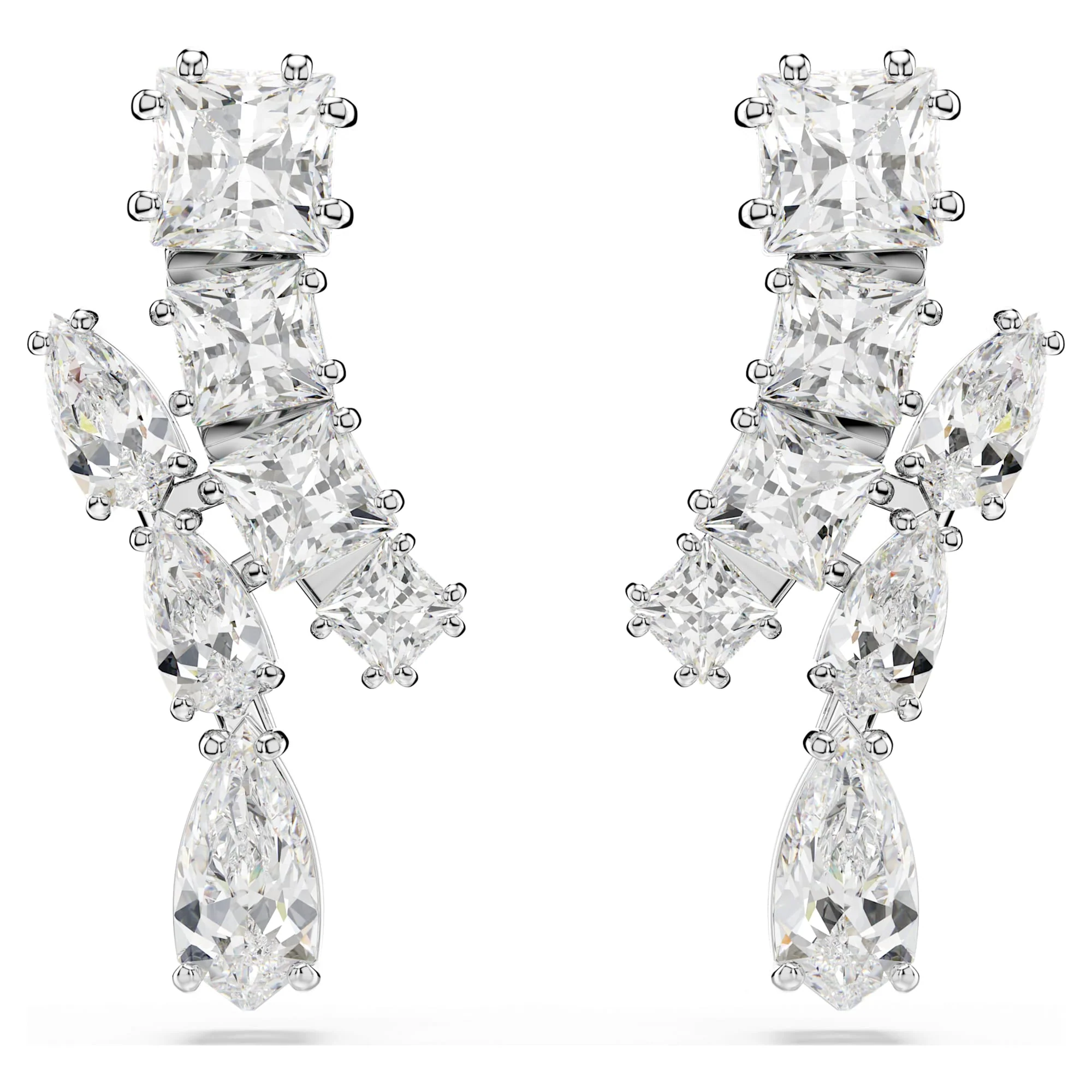 Matrix drop earrings Mixed cuts, White, Rhodium plated