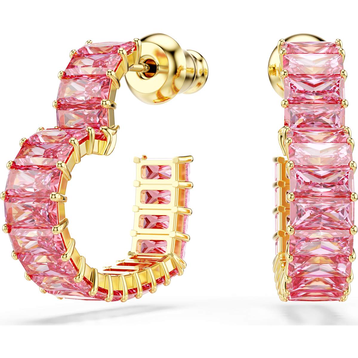 Matrix hoop earrings Baguette cut, Heart, Small, Pink, Gold-tone plated