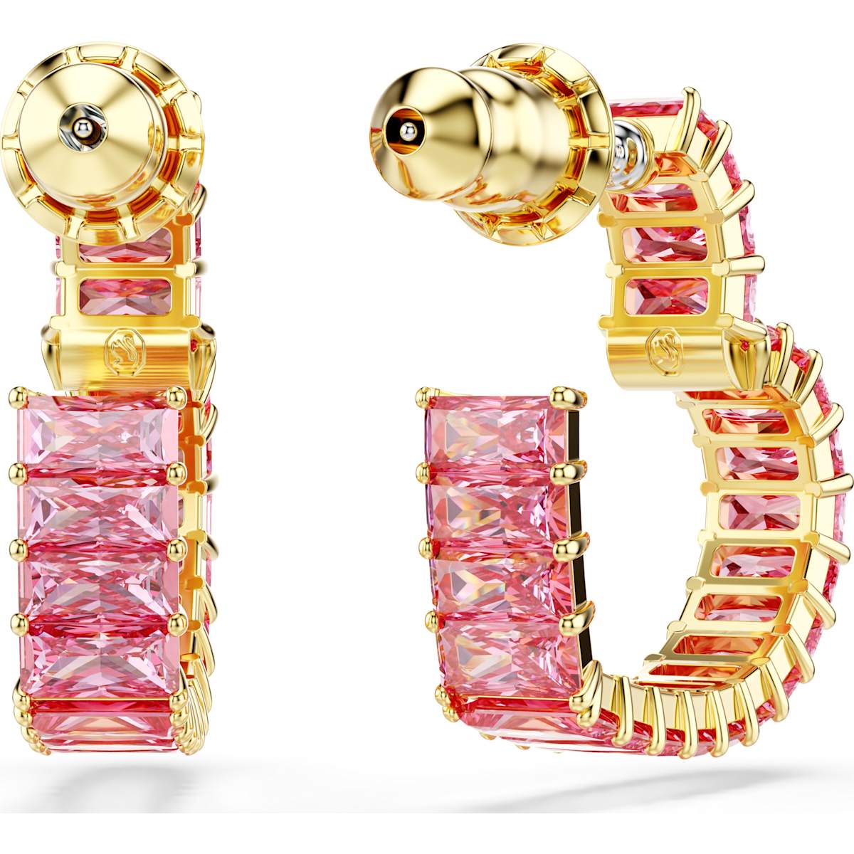 Matrix hoop earrings Baguette cut, Heart, Small, Pink, Gold-tone plated - Image 4