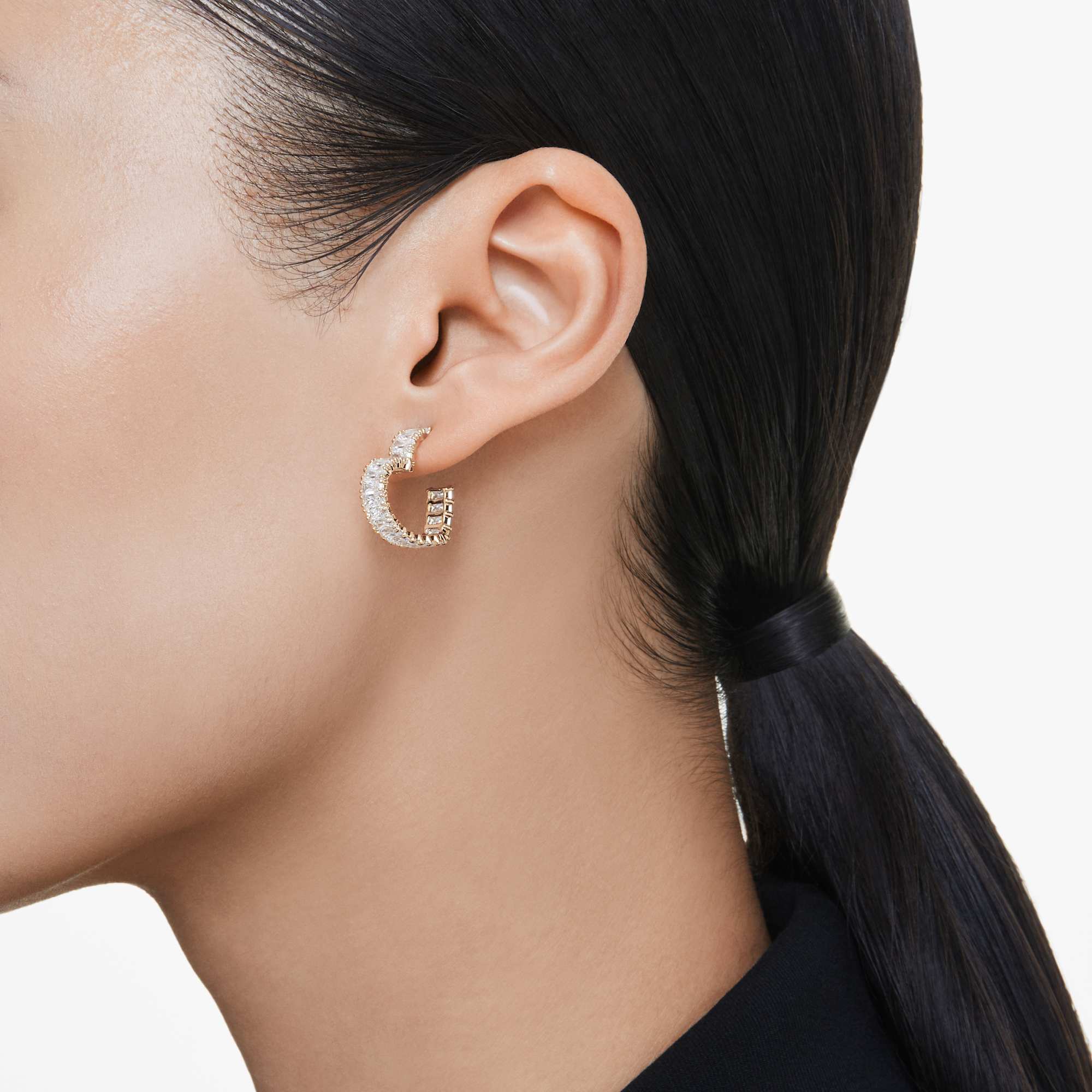 Matrix hoop earrings Baguette cut, Heart, Small, White, Gold-tone plated - Image 5