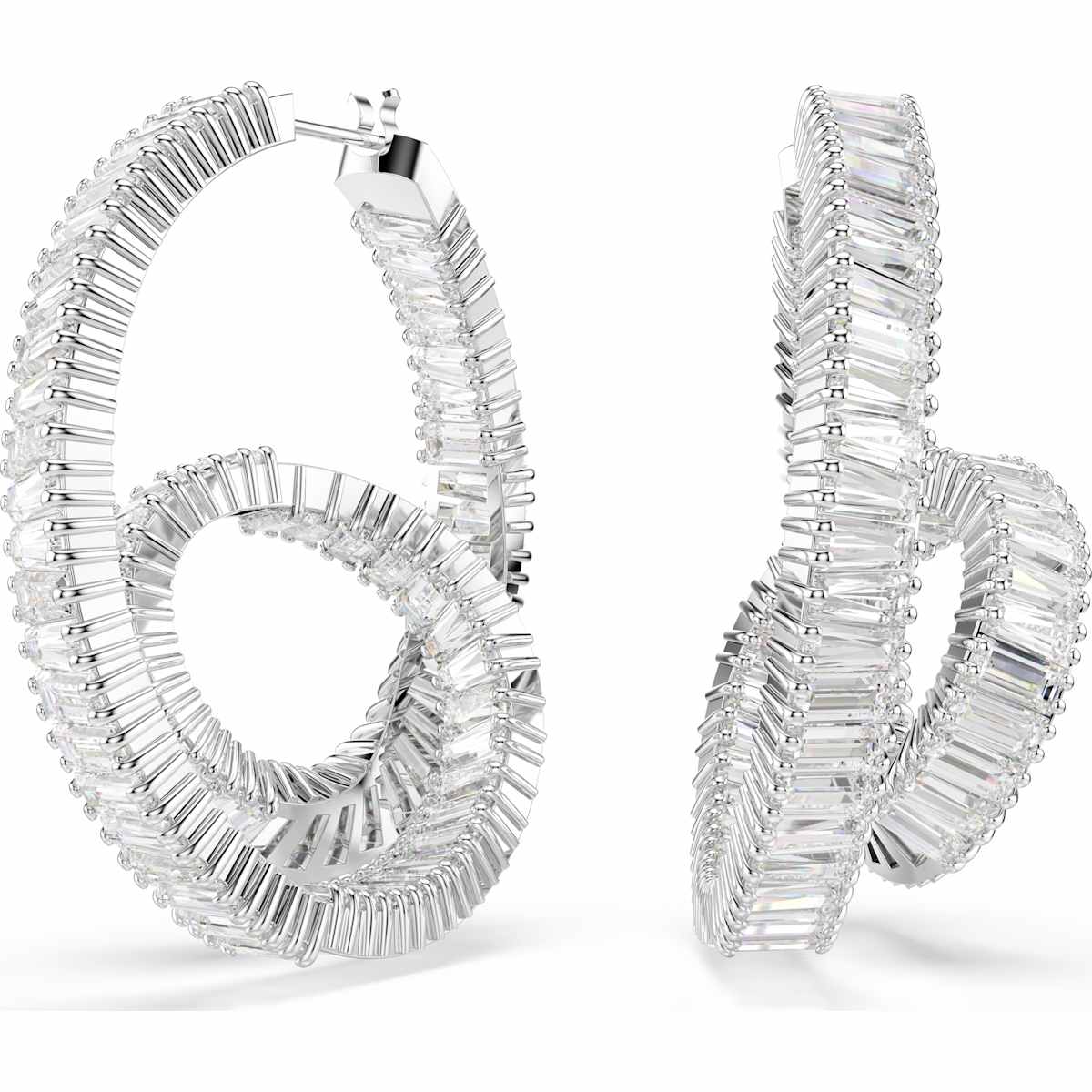 Matrix hoop earrings, Baguette cut, Ribbon, White, Rhodium plated
