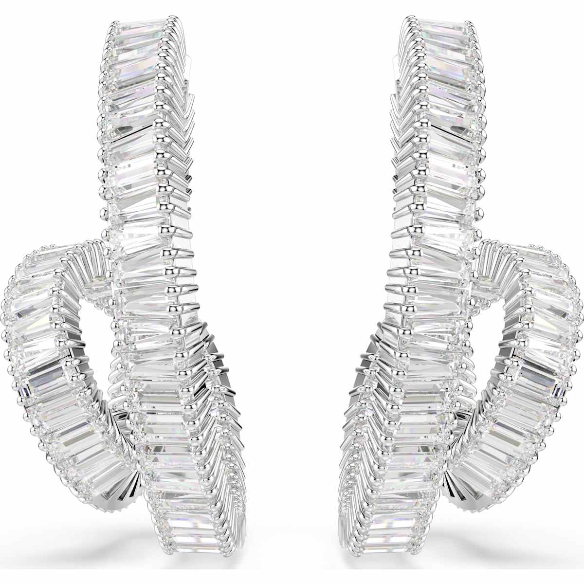 Matrix hoop earrings, Baguette cut, Ribbon, White, Rhodium plated - Image 2