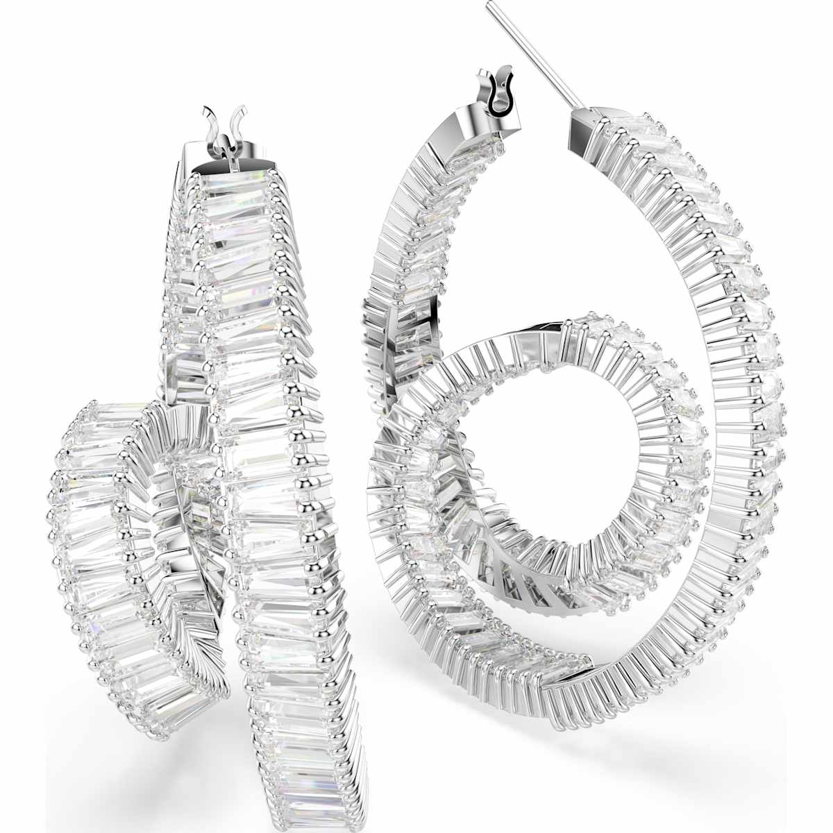 Matrix hoop earrings, Baguette cut, Ribbon, White, Rhodium plated - Image 3