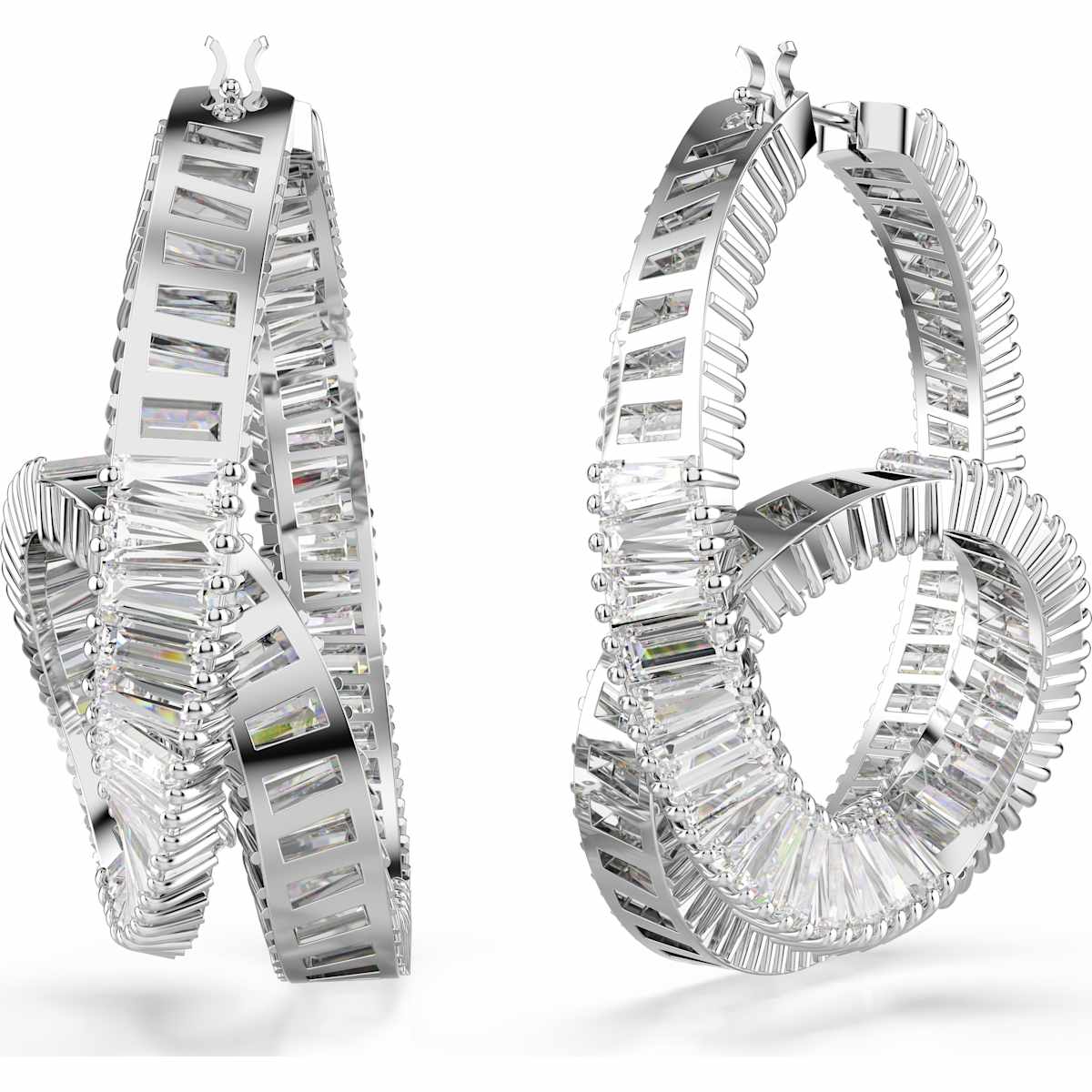 Matrix hoop earrings, Baguette cut, Ribbon, White, Rhodium plated - Image 4