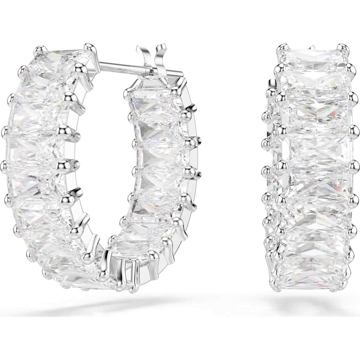 Matrix hoop earrings, Baguette cut, White, Rhodium plated