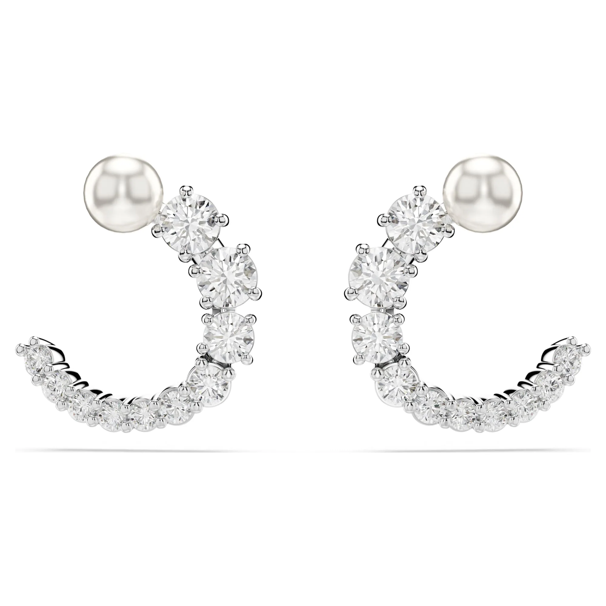 Matrix hoop earrings Crystal pearl, Round cut, White, Rhodium plated