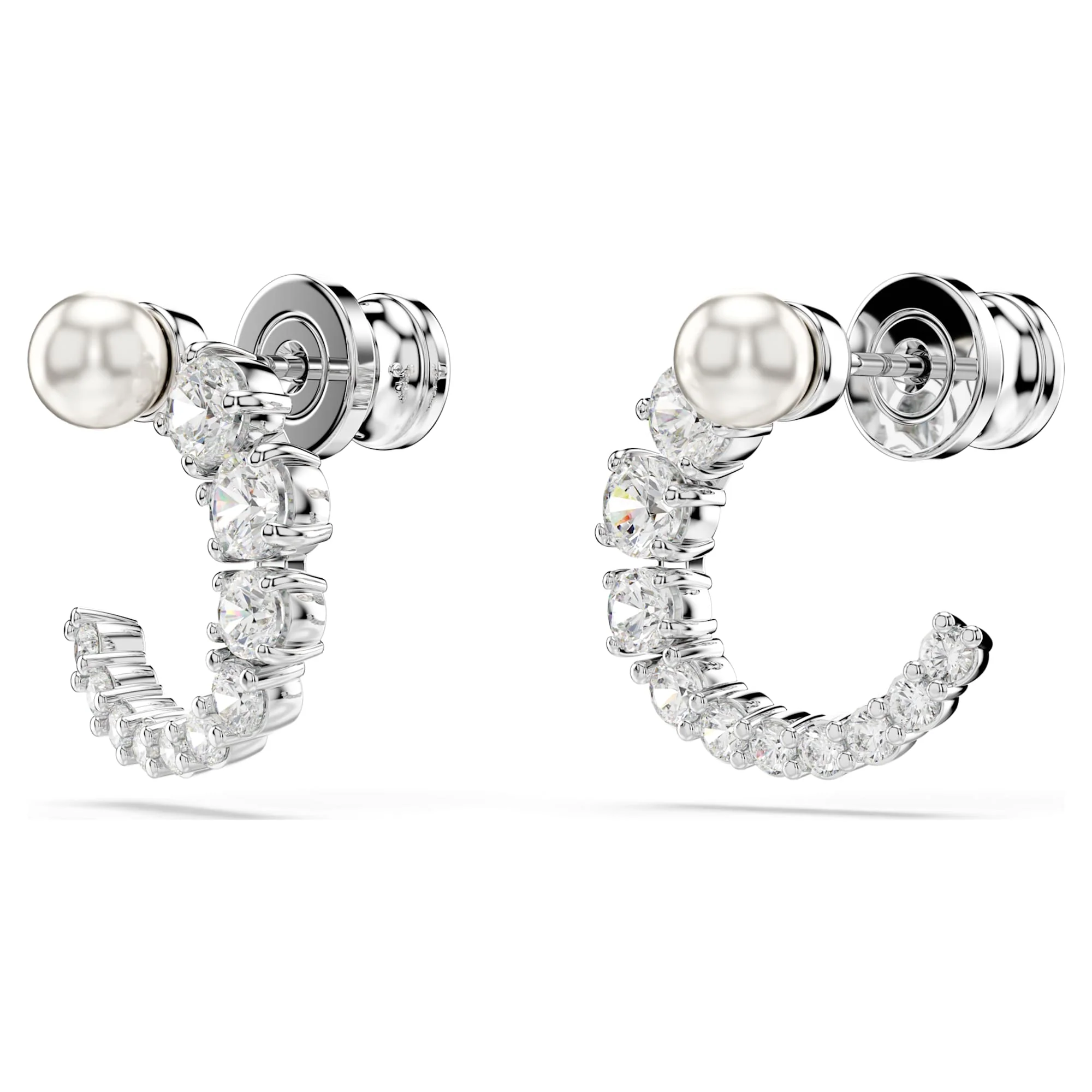Matrix hoop earrings Crystal pearl, Round cut, White, Rhodium plated - Image 3