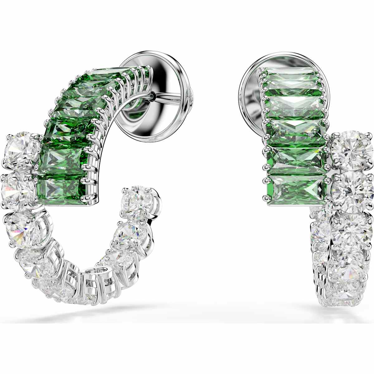 Matrix hoop earrings, Mixed cuts, Green, Rhodium plated