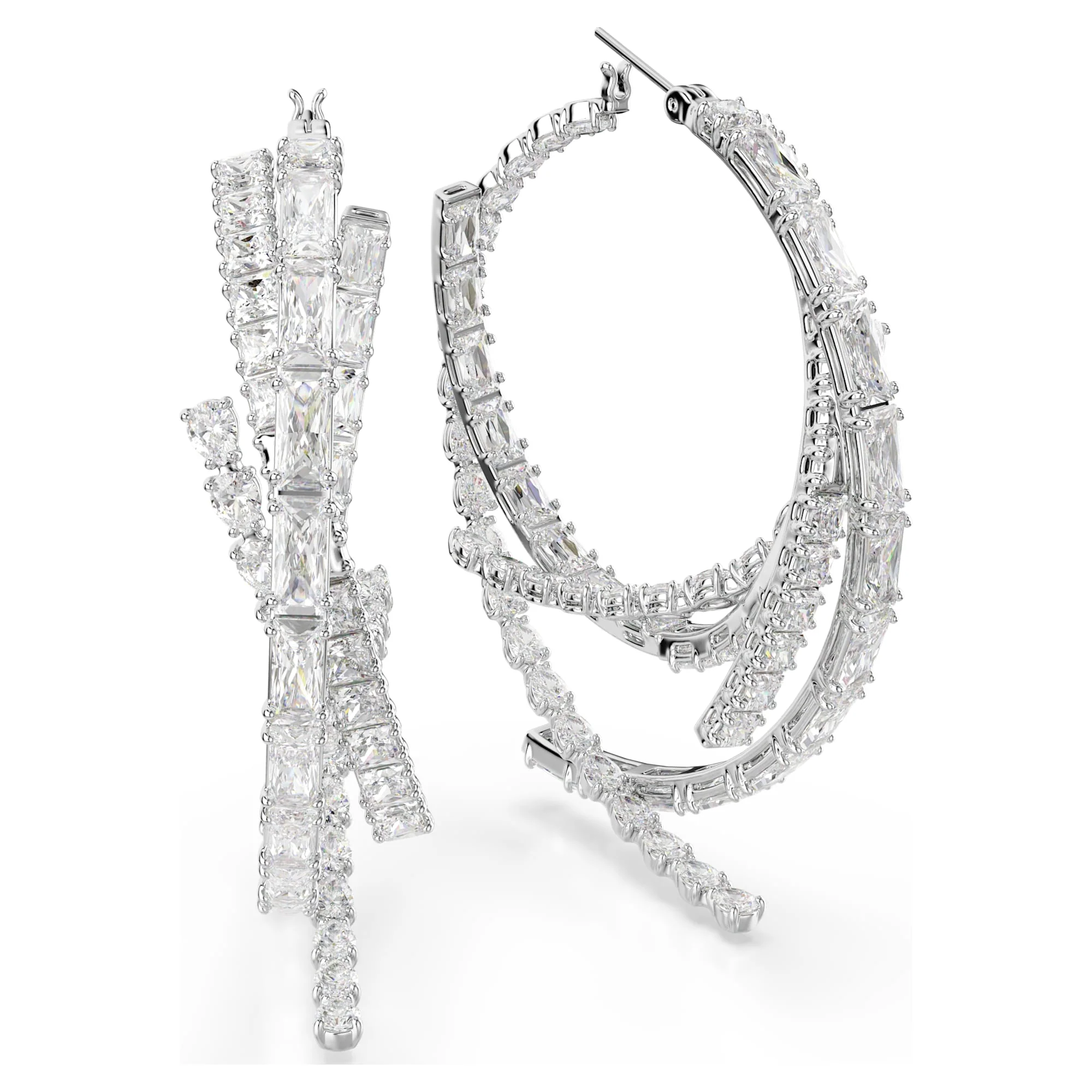 Matrix hoop earrings Mixed cuts, White, Rhodium plated - Image 3