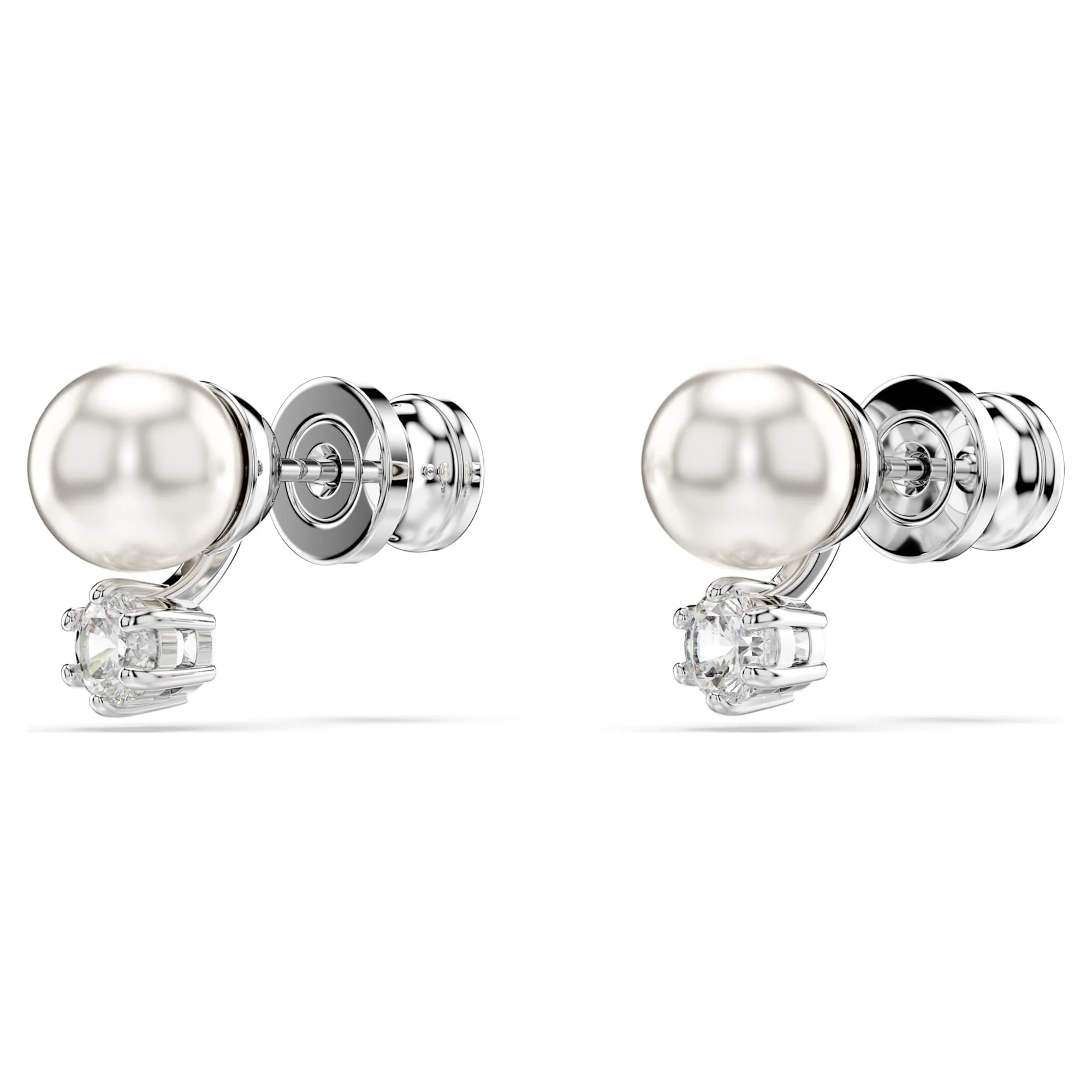 Matrix stud earrings Crystal pearl, Round cut, White, Rhodium plated - Image 3