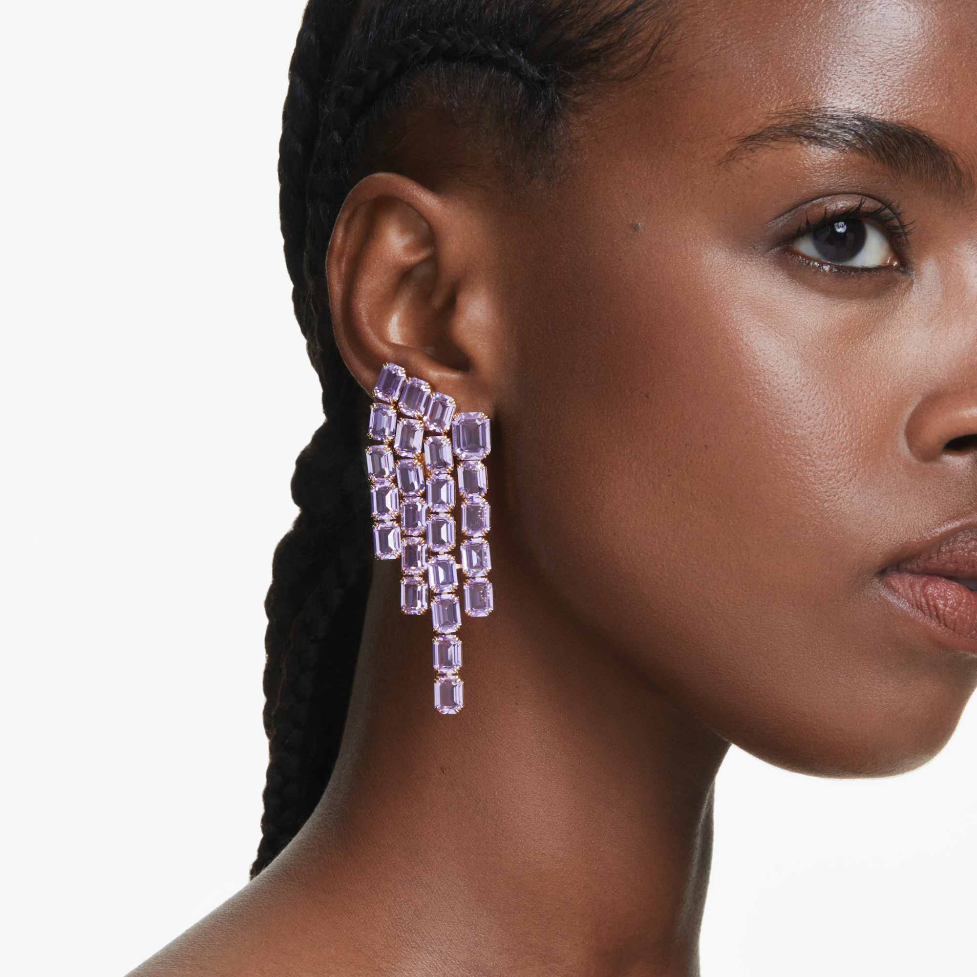 Millenia clip earrings Octagon cut, Chandelier, Purple, Gold-tone plated - Image 5