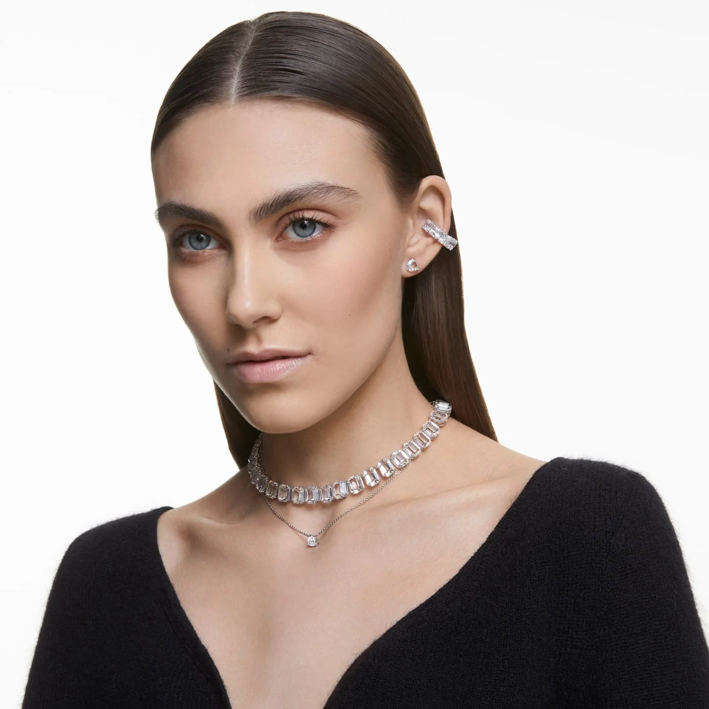 Millenia clip earrings Square cut, White, Rhodium plated - Image 6