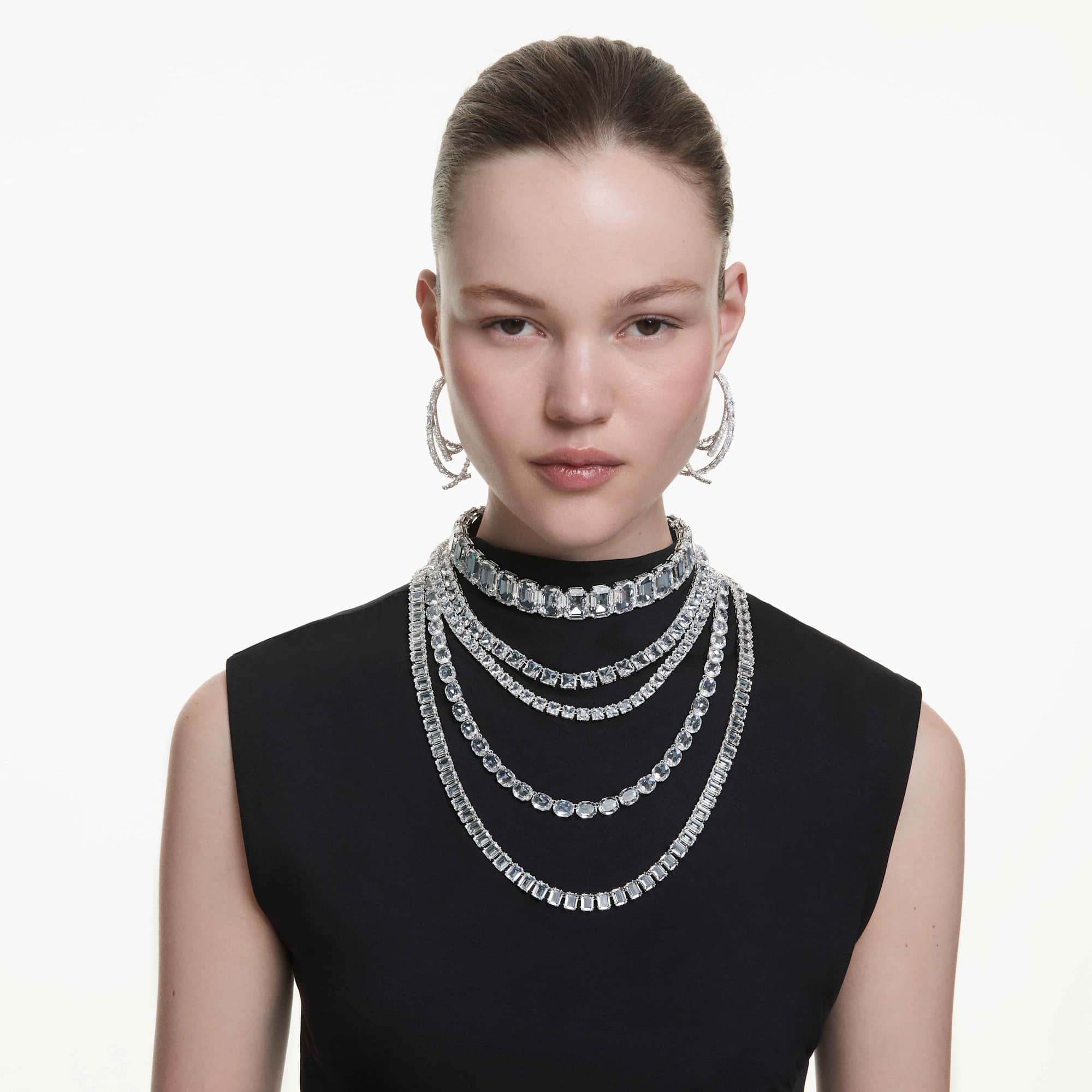 Millenia layered necklace Mixed cuts, White, Rhodium plated - Image 6