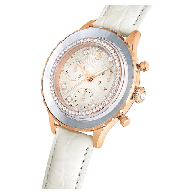 Octea Chrono watch Swiss Made, Leather strap, White, Rose gold-tone finish - Image 4