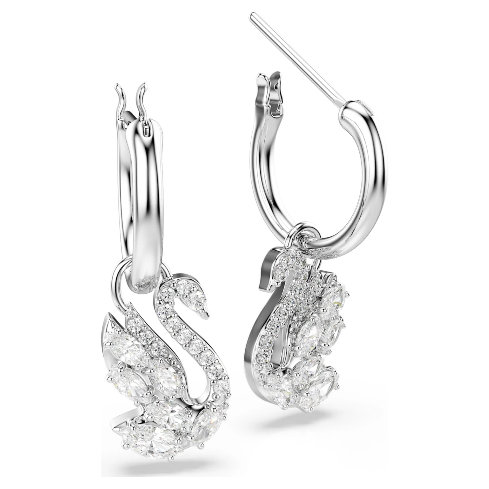 Swan drop earrings Mixed cuts, Swan, White, Rhodium plated - Image 3
