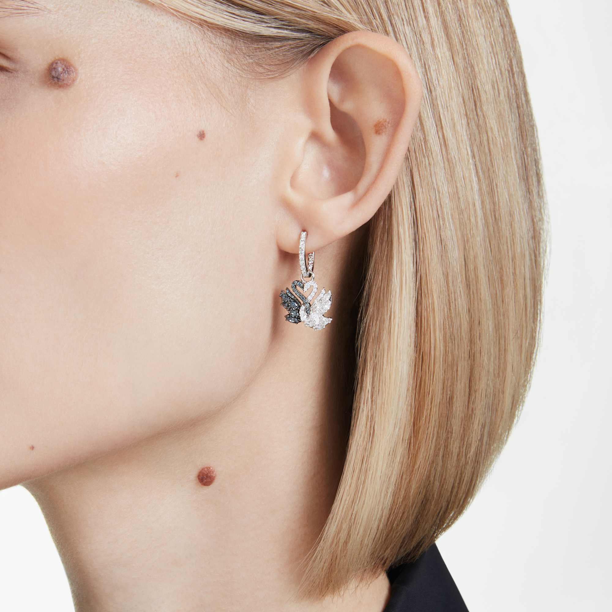 Swan drop earrings Swan, Black, Rhodium plated - Image 5