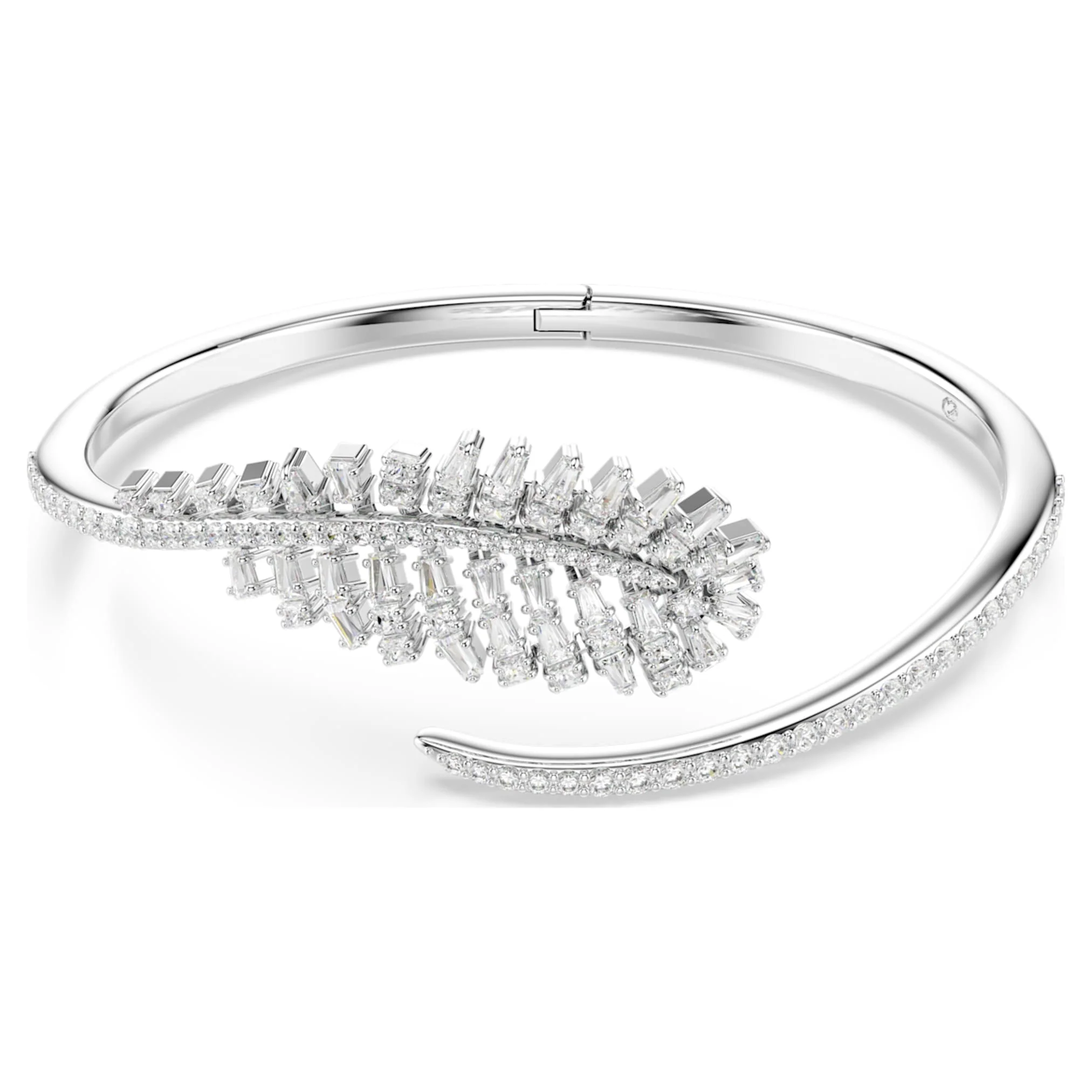 Vienna bangle Mixed cuts, Feather, White, Rhodium plated